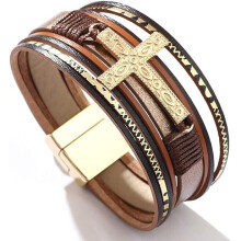 Leather Wrap Bracelet Boho Cuff Bracelets for Women Teen Girls Cross Bracelet with Magnetic Clasp Jewelry Gifts for Her