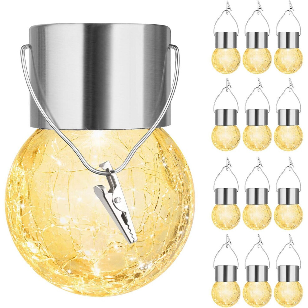 12 Pack Hanging Outdoor Solar Lights - Decorative Crackle Glass LED Ball Lights Waterproof Tree Solar Powered Globe Lights with Handle, Warm White