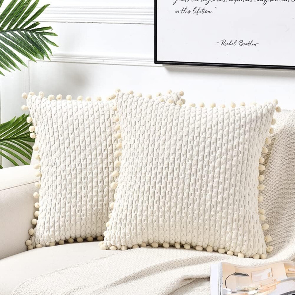 Tianfu Set Of 2 Boho Decorative Throw Pillow Covers 18X18 Inch With Pom-Poms For Couch Bed Sofa, Modern Farmhouse Home Decor Cream