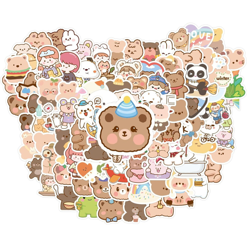 Cartoon 100Pcs Cute Kawaii Korean Bear Sticker, Waterproof Vinyl Aesthetic Stickers for Water Bottle, Notebook, Laptop, Decorative Gifts for Kids