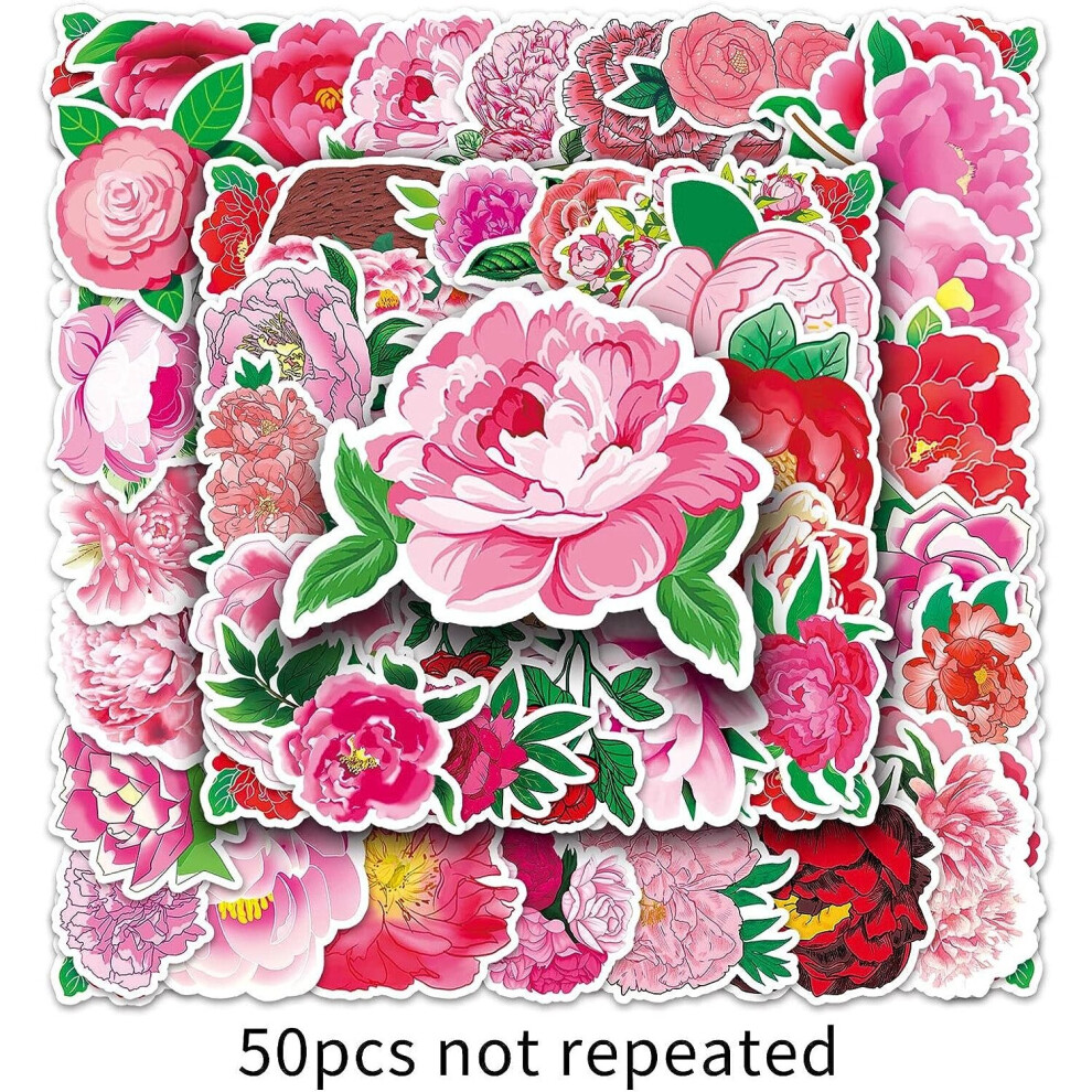 Flowers Peony Stickers - 50 Pcs Cartoon Waterproof Decals DIY for Party Supplies PVC Decoration for Laptop Guitar Gift to Teens Familys Friends