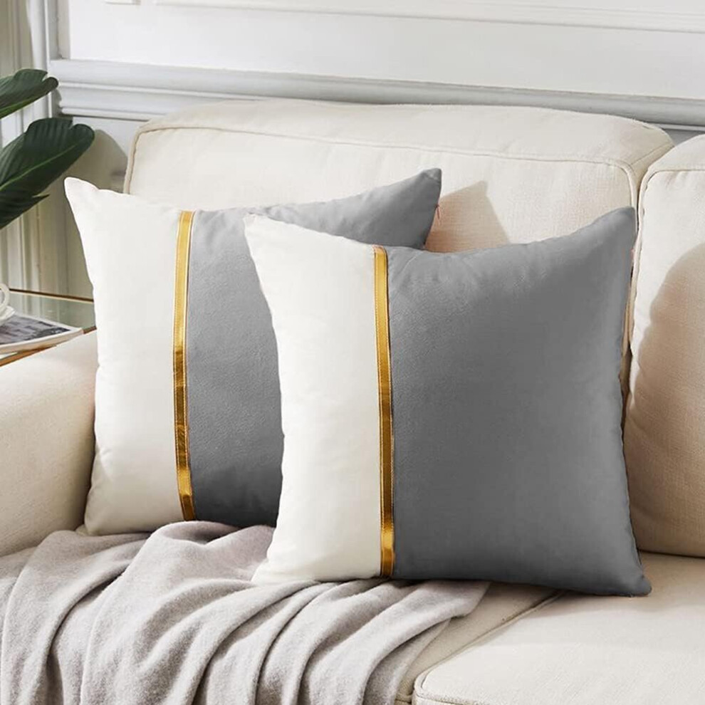 2 Packs Grey Decorative Throw Pillow Covers 18x18'' for Living Room Couch Bed,Velvet Patchwork with Gold Leather,Luxury Modern Farmhouse Home Decor-image-OPC-PCCVYD2-NEW