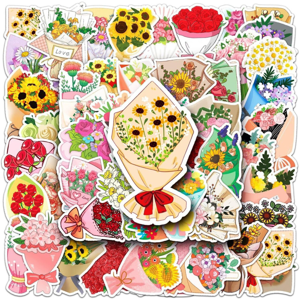 Flowers Bouquet Stickers - 50 Pcs Cartoon Waterproof Decals DIY for Party Supplies PVC Decoration for Laptop Guitar Gift to Teens Familys Friends