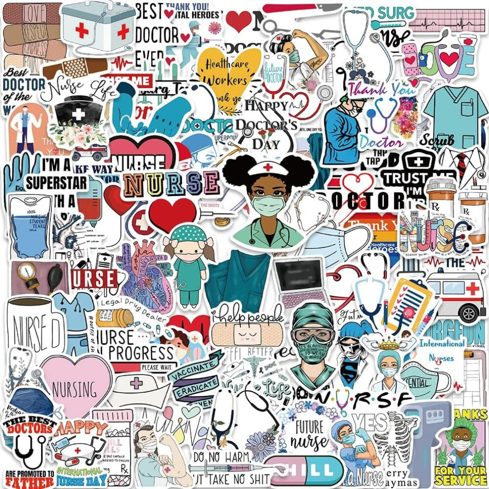 Tianfu 100Pcs Nurse Stickers,Waterproof Nursing Sticker For Water Bottles, Vinyl Medical Stickers,Great Gift For Nurses Students