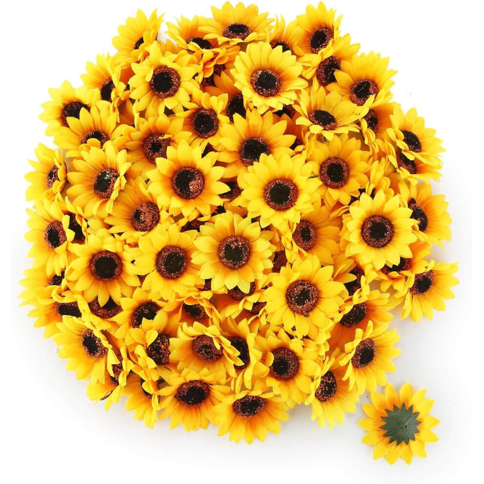 100Pcs Artificial Silk Sunflower Heads Fake Yellow Sunflower for Home Garden Office Decoration Wedding Party