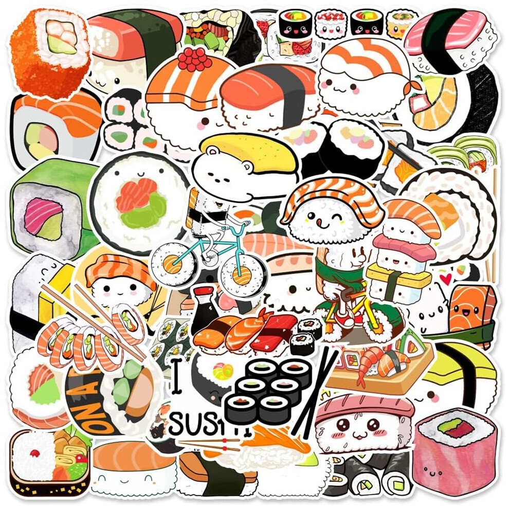 50pc sushi water bottle sticker bag, waterproof sticker, room decoration water bottle aesthetic sticker, laptop, phone, magazine, skateboard