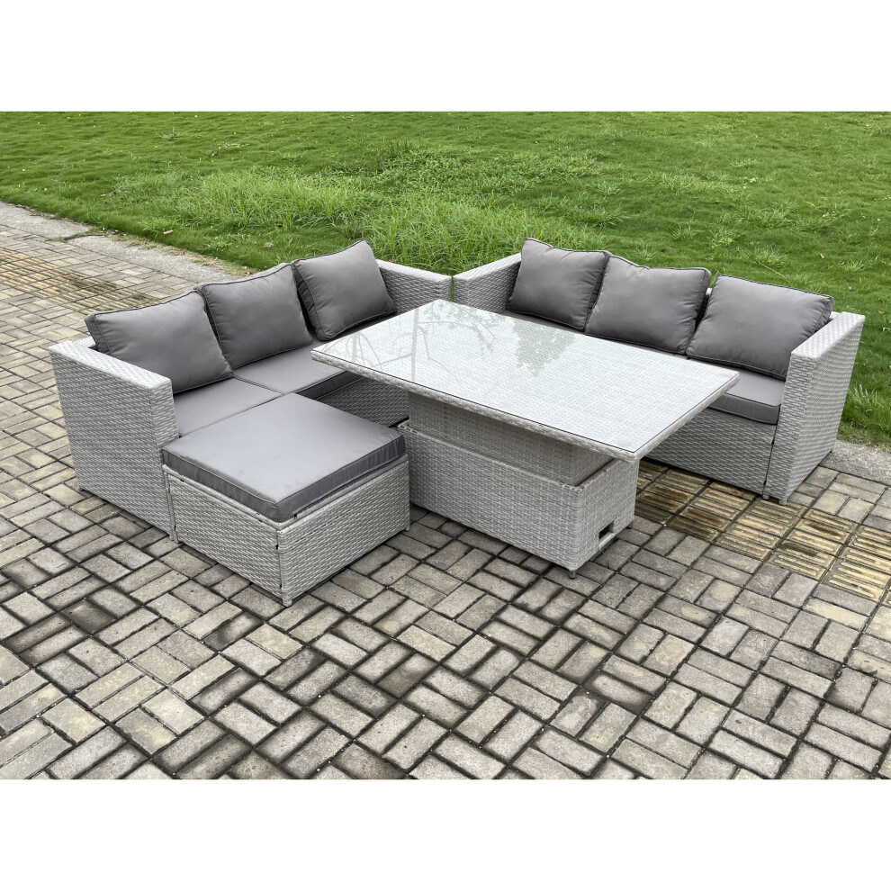 Fimous Outdoor Rattan Garden Funiture Set Height Adjustable Rising Lifting Table Sofa Dining Set With Big Footstool Grey