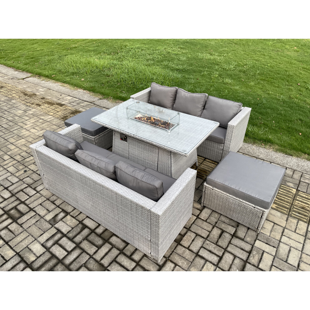 Fimous 8 Seater Garden Dining Sets Outdoor Rattan Furniture Gas Fire Pit Dining Table Gas Heater with 2 Big Footstools