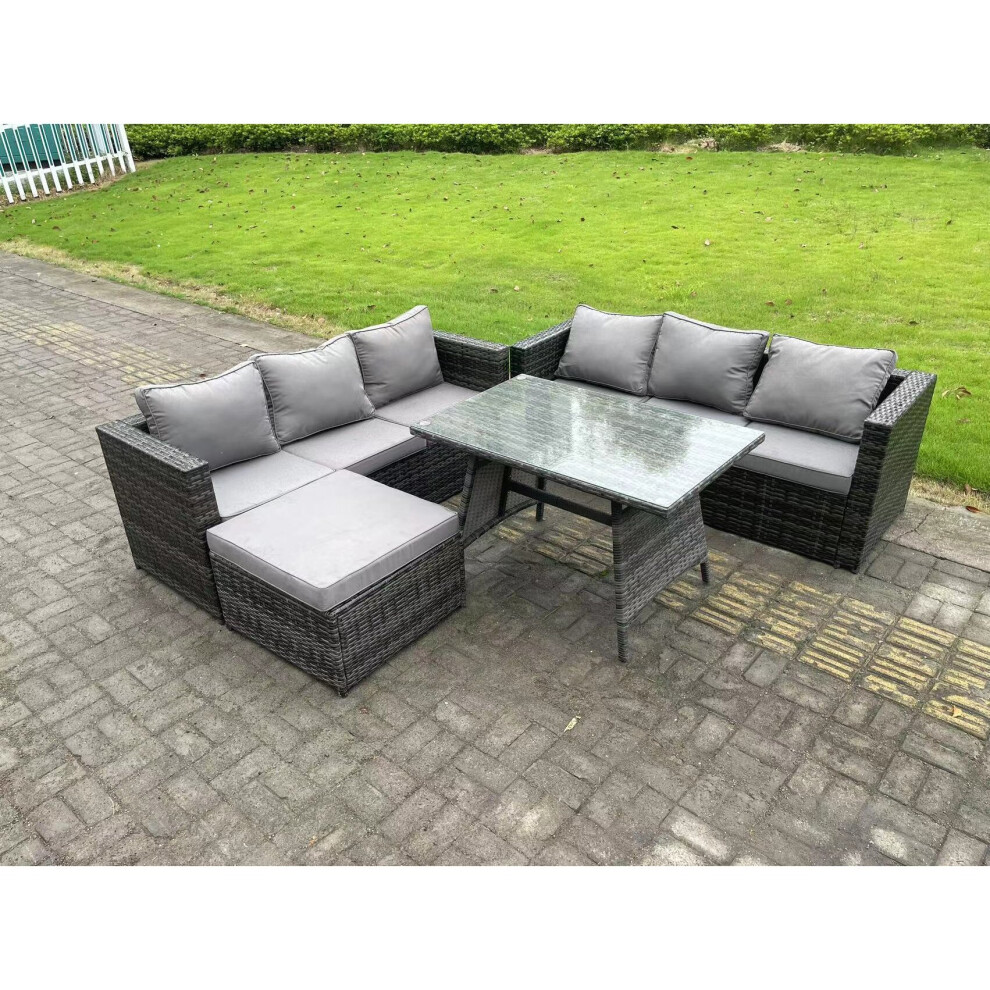Fimous 7 Seater Rattan Outdoor Furniture Sofa Garden Dining Set With Oblong Dining Table Big Footstool