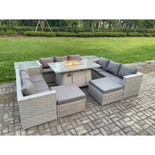 Fimous Outdoor Garden Dining Sets Rattan Furniture Gas Fire Pit Dining Table Gas Heater with 2 Side Tables 2 Big Footstools
