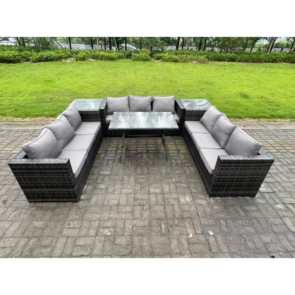 Fimous 9 Seater Rattan Outdoor Furniture Sofa Garden Dining Set with Patio Dining Table 2 Side Tables