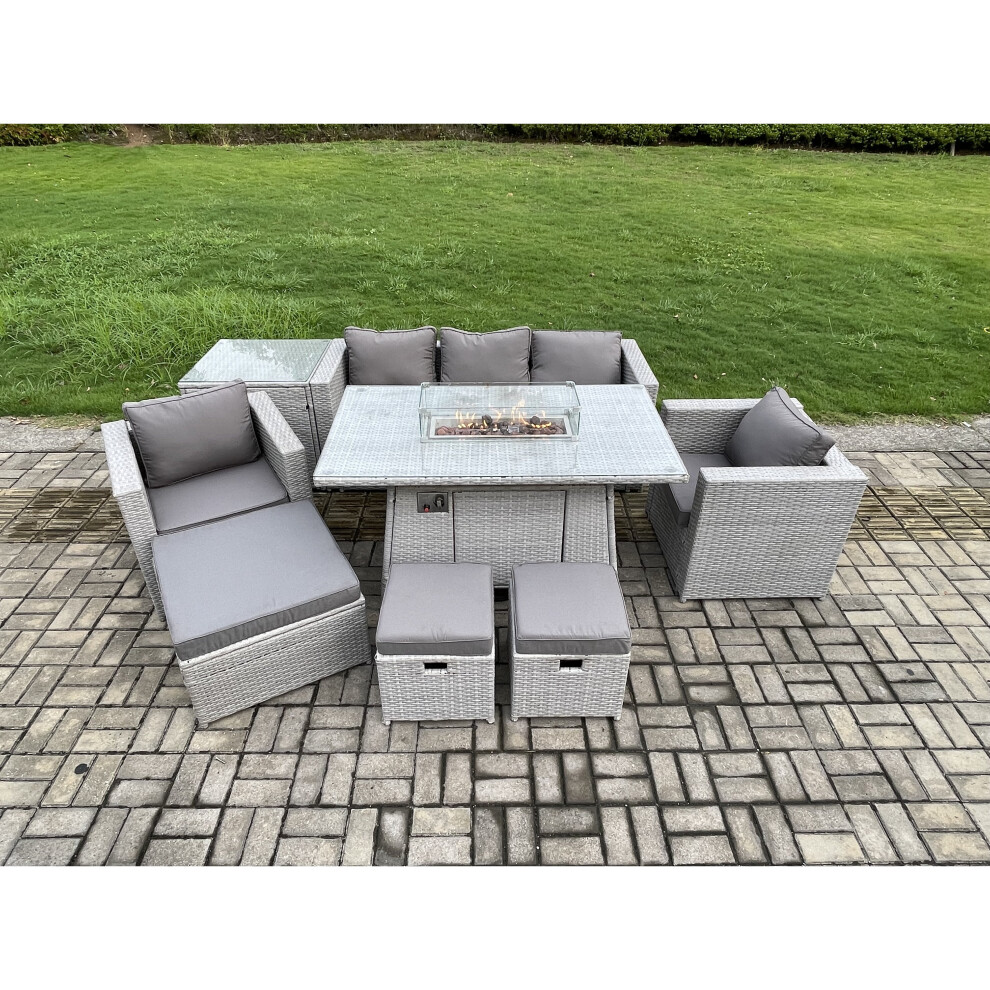 Fimous Outdoor Garden Dining Sets Rattan Furniture Gas Fire Pit Dining Table With 2 Armchairs Side Table 3 Footstools