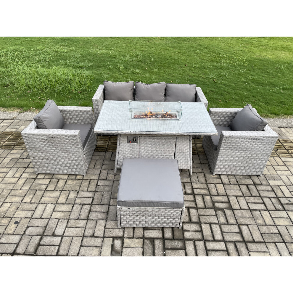 Fimous Outdoor Pe Rattan Garden Furniture Gas Fire Pit Dining Table Armchairs With Big Footstool Grey