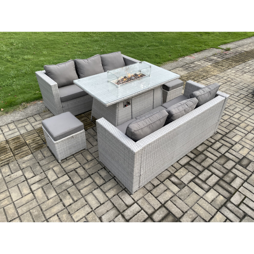 Fimous Garden Dining Sets Outdoor Pe Rattan Furniture Gas Fire Pit Dining Table Gas Heater With 2 Small Footstool Grey