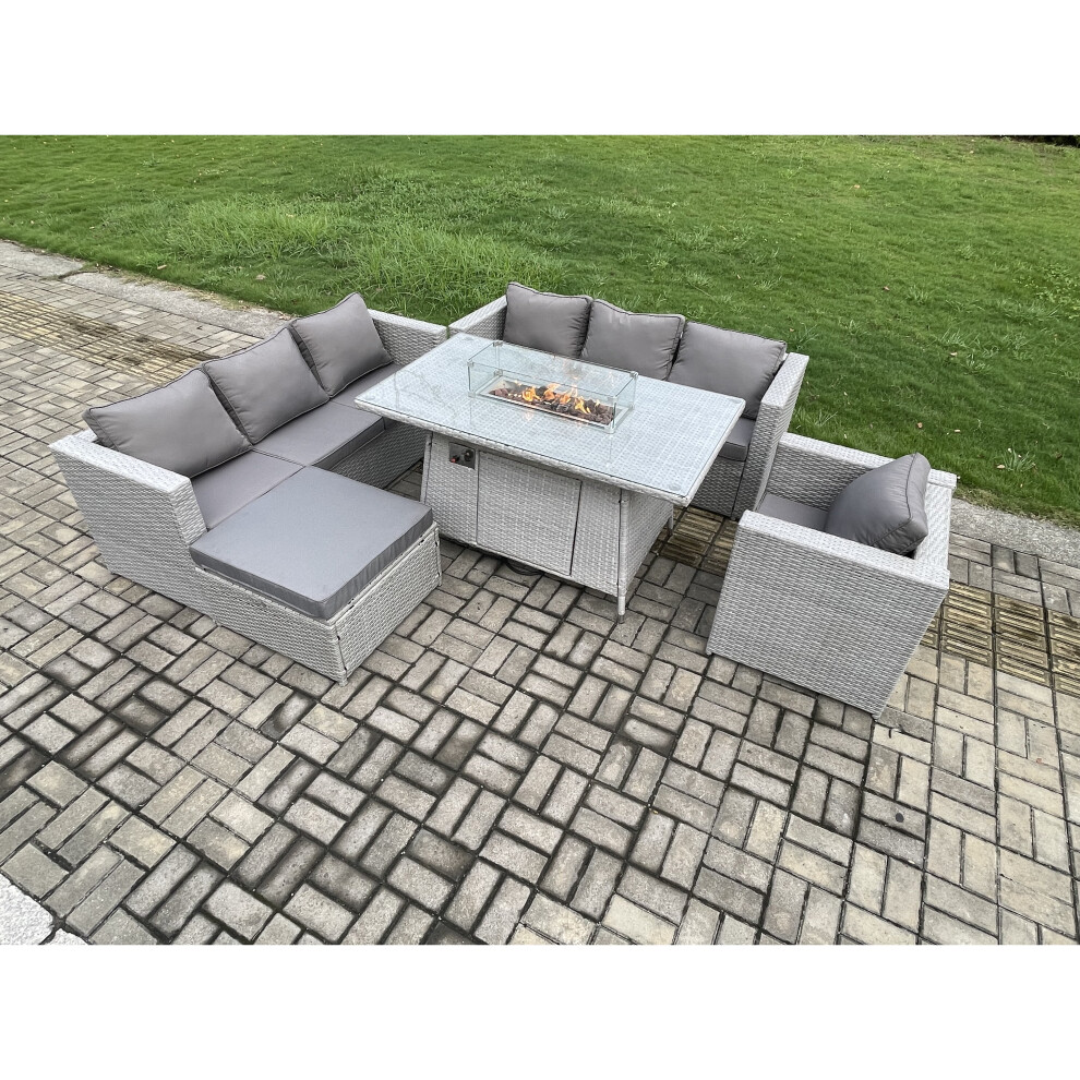 Fimous 8 Seater Outdoor Garden Dining Sets Rattan Furniture Gas Fire Pit Dining Table Gas Heater With Armchair Big Footstool