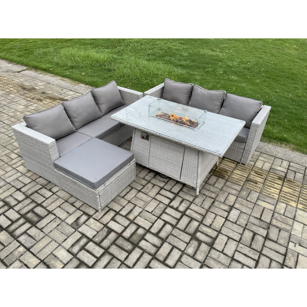 Fimous Garden Dining Sets Outdoor Rattan Furniture Gas Fire Pit Dining Table Gas Heater With Big Footstool Grey