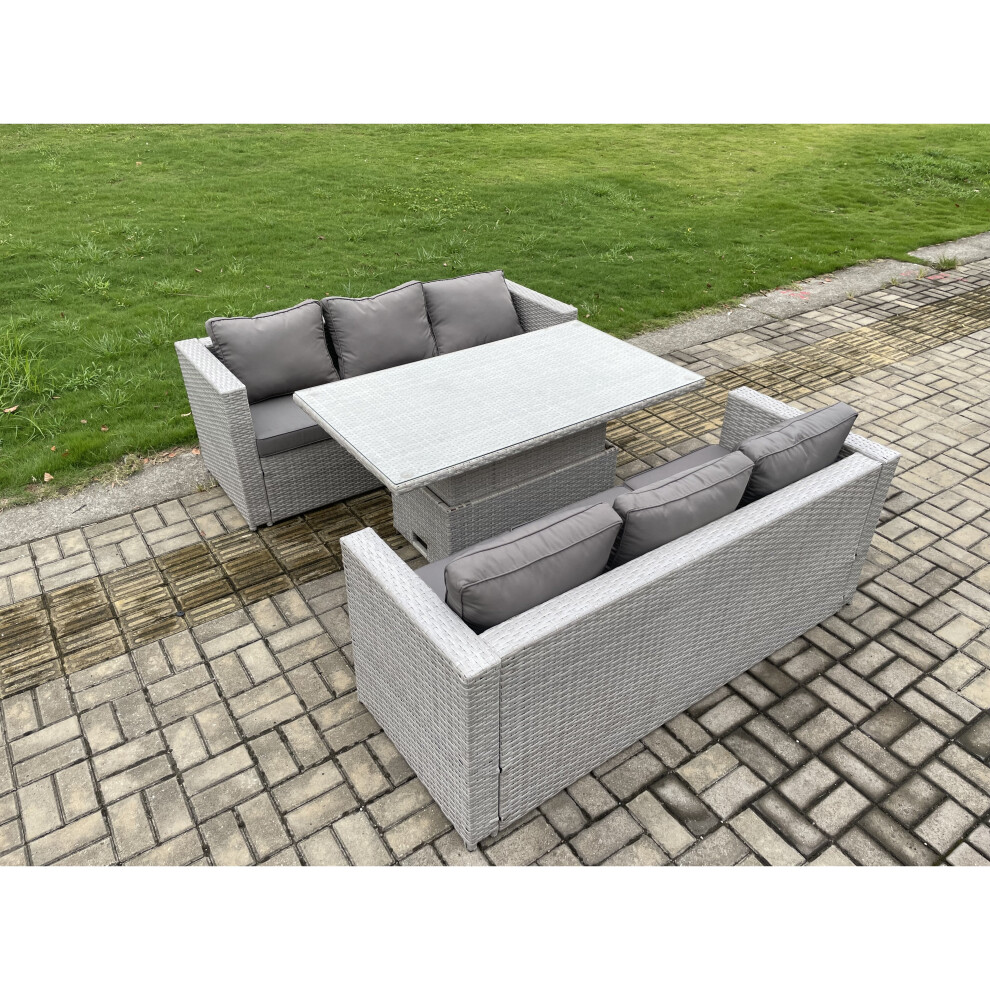 Fimous Rattan Outdoor Garden Funiture Set Height Adjustable Rising Lifting Table Sofa Dining Set With Light Grey