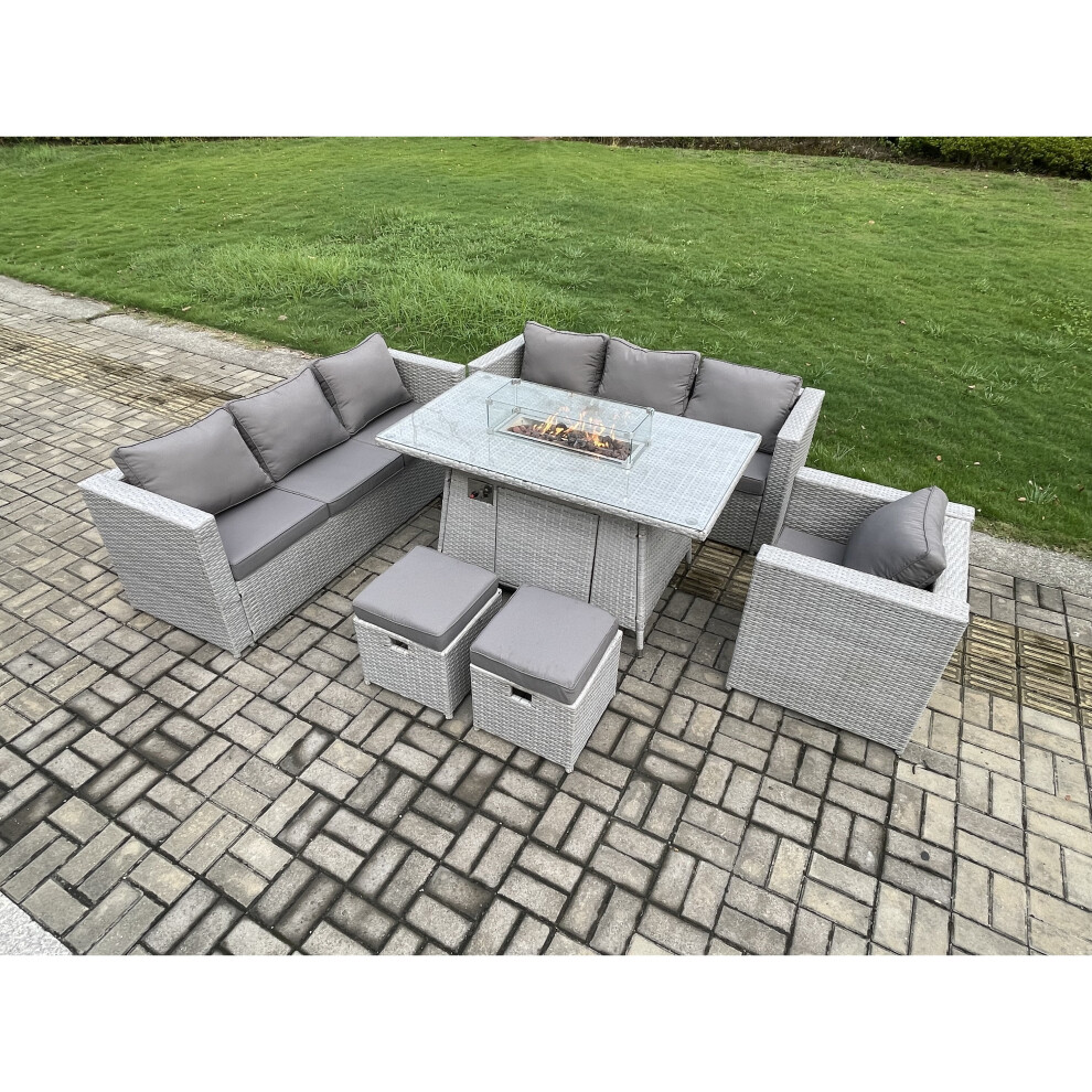 Fimous 9 Seater Outdoor Garden Dining Sets Rattan Furniture Gas Fire Pit Dining Table Gas Heater With Armchair 2 Small Footstools