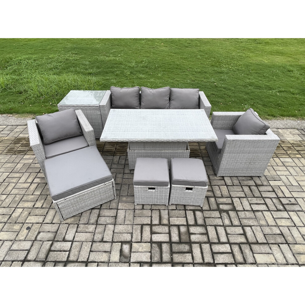 Rackhams Outdoor Rattan Garden Funiture Set Height Adjustable Rising Lifting Table Sofa Dining Set With 2 Armchairs Side Table Footstools - Image 3