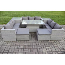 Fimous 11 Seater PE Rattan Garden Funiture Set Adjustable Rising Lifting Table Sofa Dining Set with 2 Side Tables