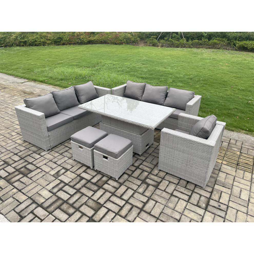 Fimous 9 Seater Outdoor Pe Rattan Garden Funiture Set Adjustable Rising Lifting Table Sofa Dining Set With Armchair 2 Grey