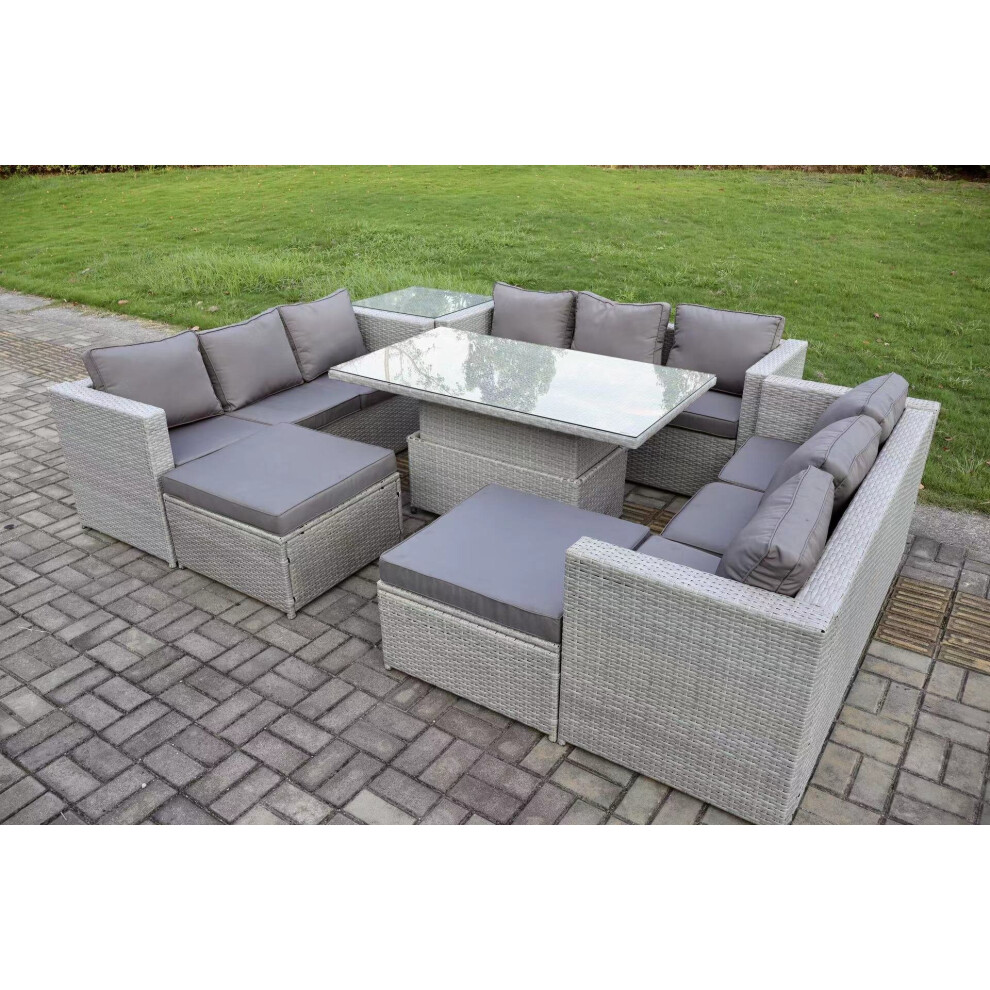 Fimous 11 Seater Outdoor Pe Rattan Garden Funiture Set Adjustable Rising Lifting Table Sofa Dining Set With Side Table