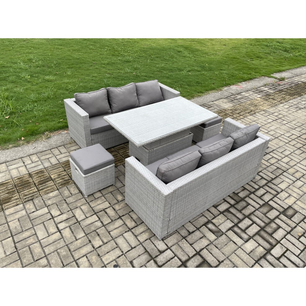 Fimous Rattan Garden Funiture Set Height Adjustable Rising Lifting Table Sofa Dining Set With 2 Small Footstools Grey