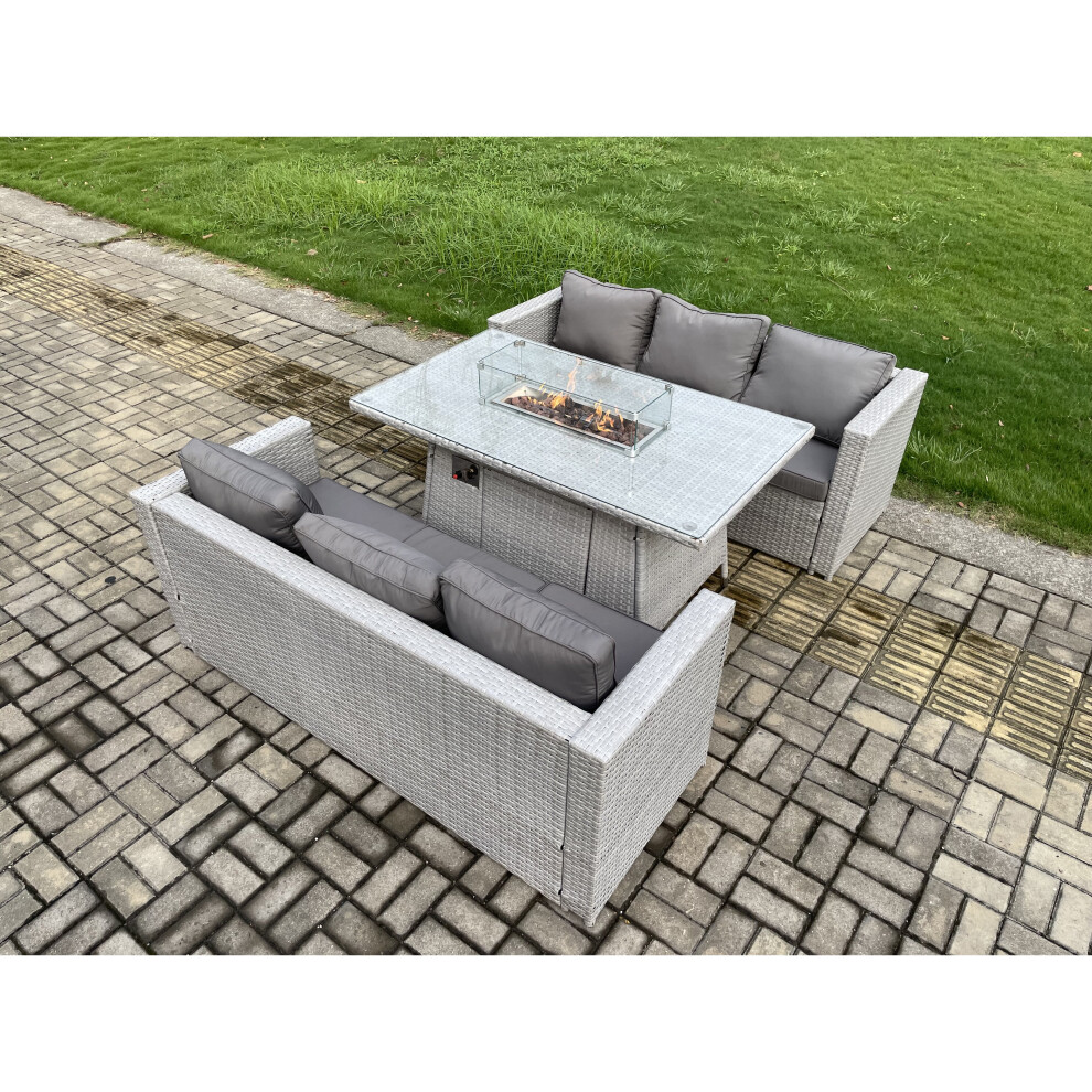 7 Seater Outdoor Garden Dining Sets Rattan Furniture Gas Fire Pit Dining Table Gas Heater with Armchair Light Grey