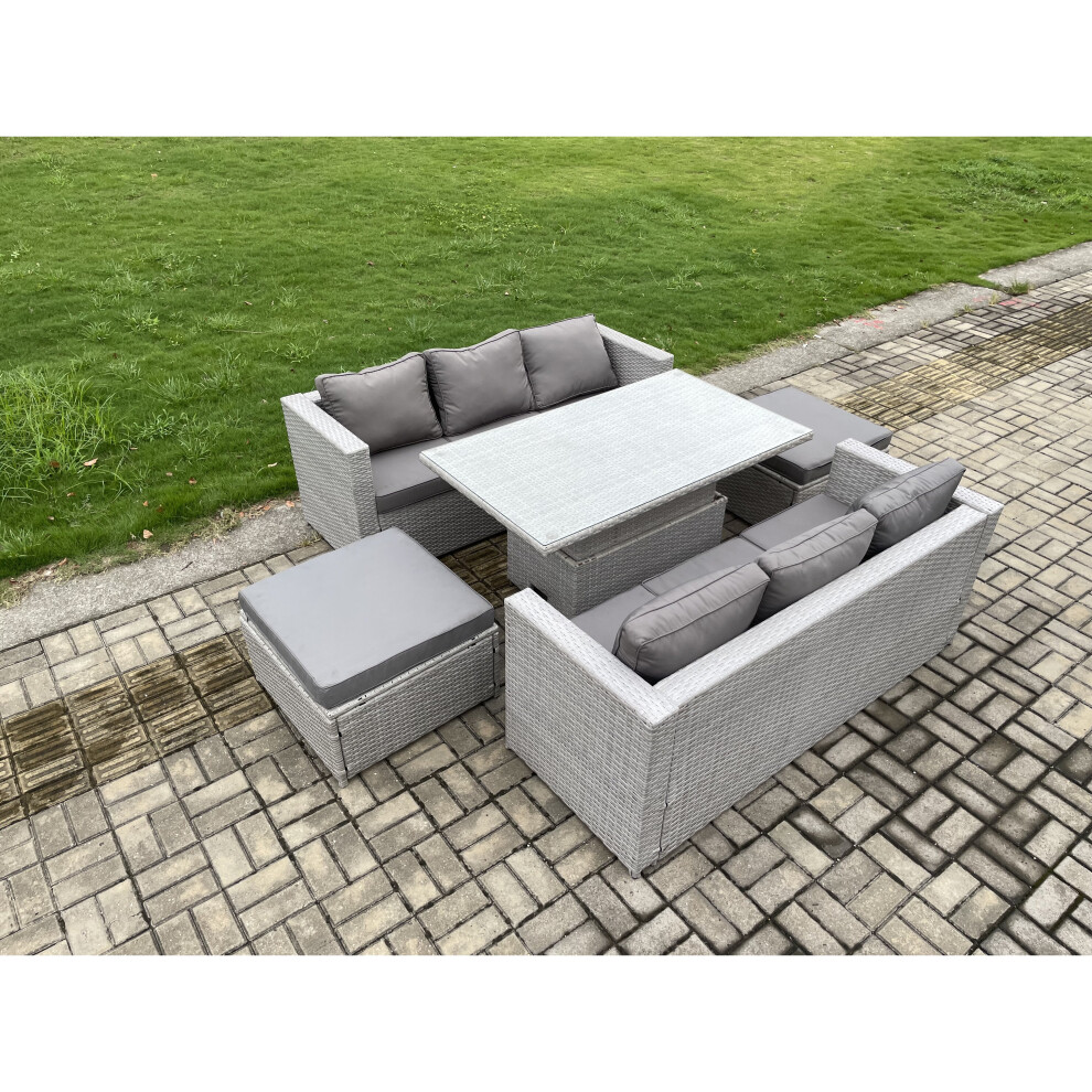 Fimous Pe Rattan Garden Funiture Set Height Adjustable Rising Lifting Table Sofa Dining Set With 2 Big Footstools Grey