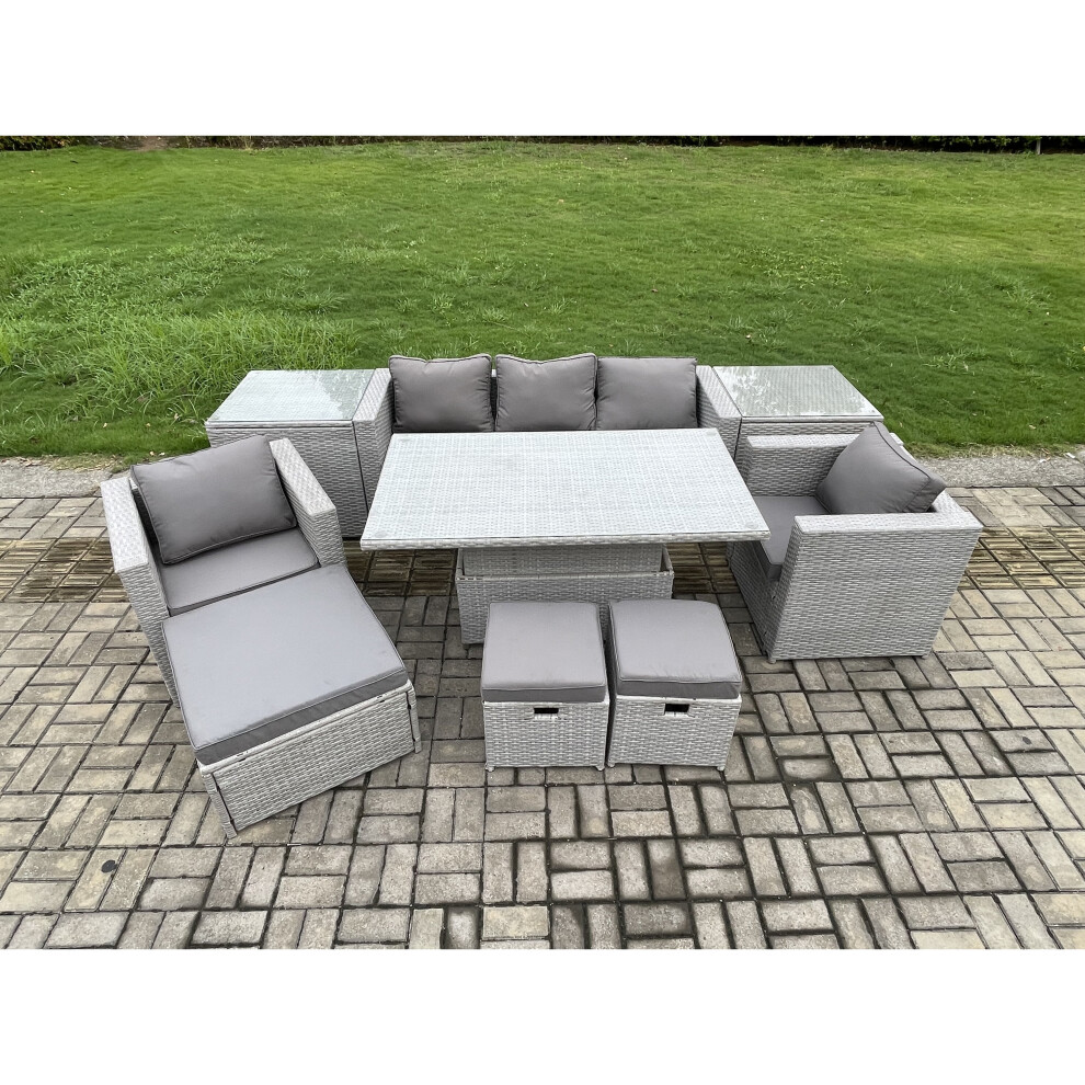 Fimous Light/Grey/Dark Rattan Outdoor Garden Funiture Set Height Adjustable Rising Lifting Table Sofa Dining Set With 2 Armchairs 2 Side Tables Footstools - Image 3