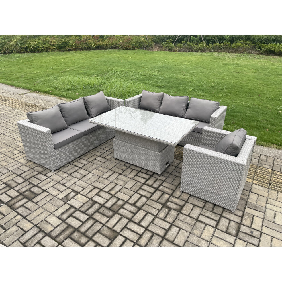 Outdoor PE Rattan Garden Funiture Set Height Adjustable Rising Lifting Table Sofa Dining Set with Armchair