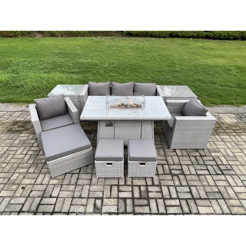 Fimous Rattan Gas Fire Pit Dining Table With Armchairs & Stools - Light Grey Mixed - Image 3