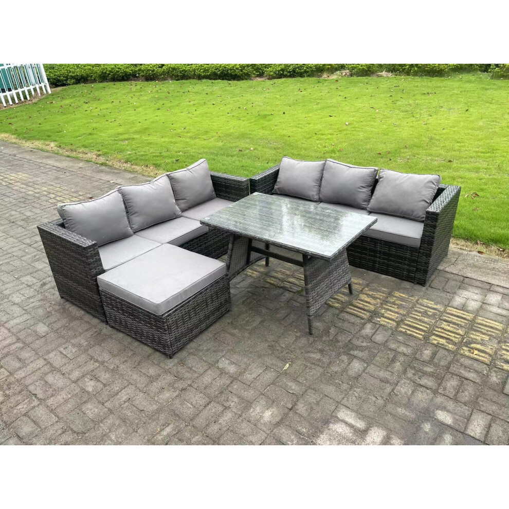 Fimous 7 Seater Wicker Pe Rattan Garden Dining Set Outdoor Furniture Sofa With Dining Table Big Footstool Grey