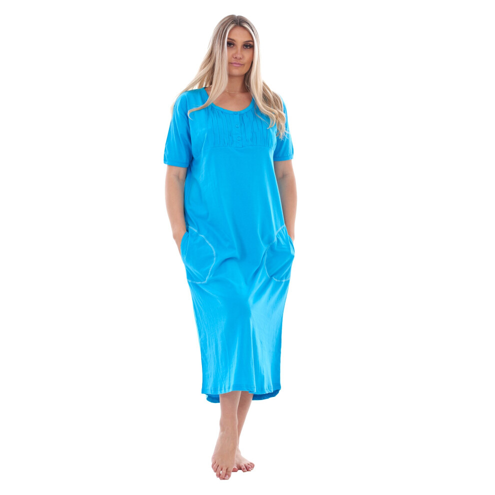 (Blue, L) Malay Plain Long Nightdress Buttons Short Sleeve Pockets Cotton Nightwear Sleepwear