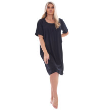 (Black, L) Malay Ladies Cotton Nightwear Plain Crew Neck Pleated Short Sleeve Nightie Nightshirt