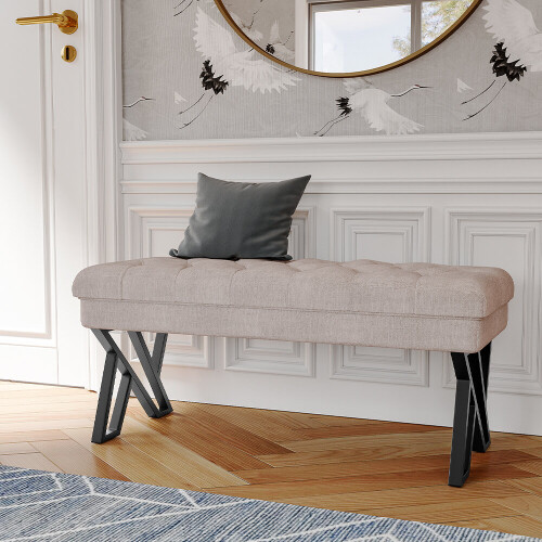 Living And Home (Beige) Mid Century Metal Upholstered Bench 2