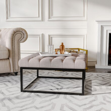(Beige) Square Linen Footstool with Metal Frame