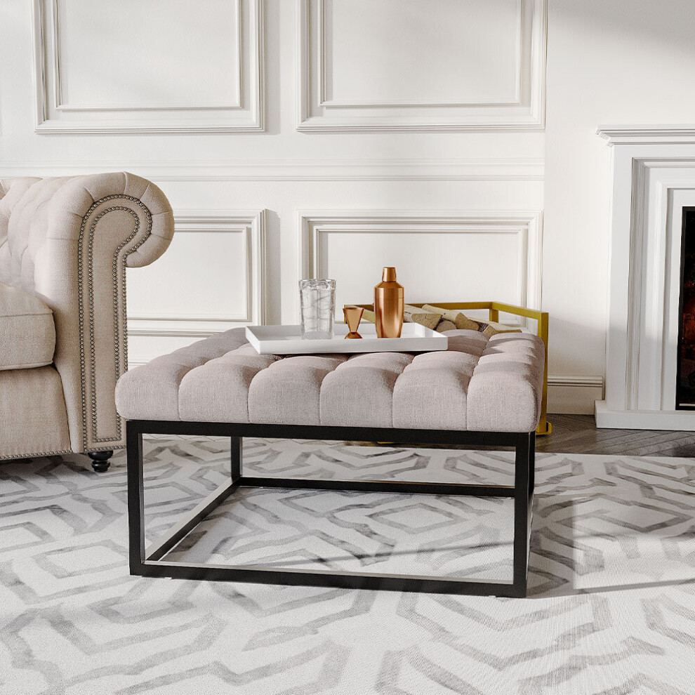 (Beige) Square Linen Footstool with Metal Frame-image-OPC-PC585DK-NEW