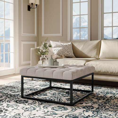 Living And Home (Beige) Square Linen Footstool with Metal Frame 1