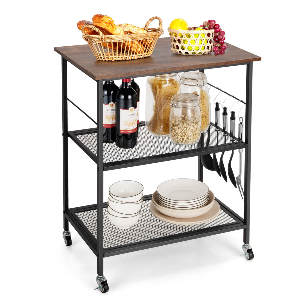 Rolling Kitchen Trolley Serving Cart with 3 Tier Mesh Shelves &5 Hooks