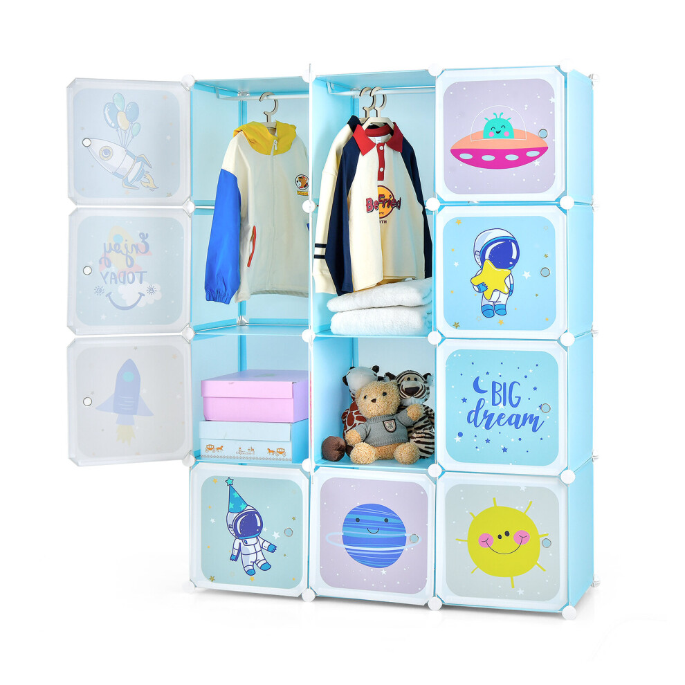 Wardrobe For Kids Cartoon Portable Closet w/12 Cubes & 2 Hanging Racks