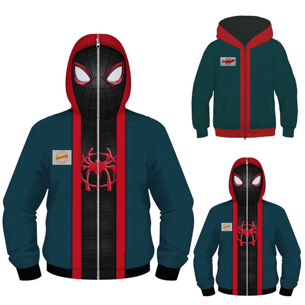 (A with Mask, 4-5Years) Spiderman Into the Spider Verse Miles Morales Kids Boy Zipper Hooded Coat Cosplay Halloween Jacket Long Sleeve Outerwear