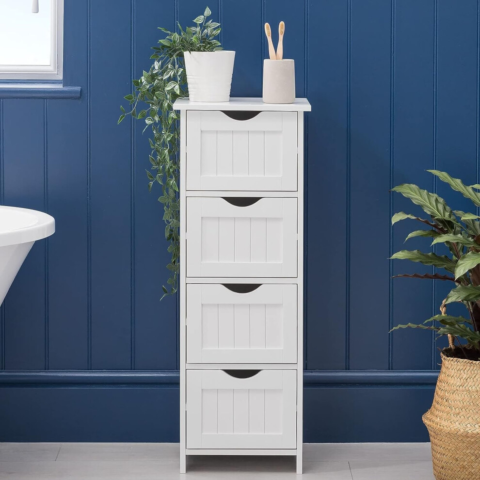 White Bathroom Drawer Organiser 4 Drawers Floor Standing Storage Unit Wooden Cabinet