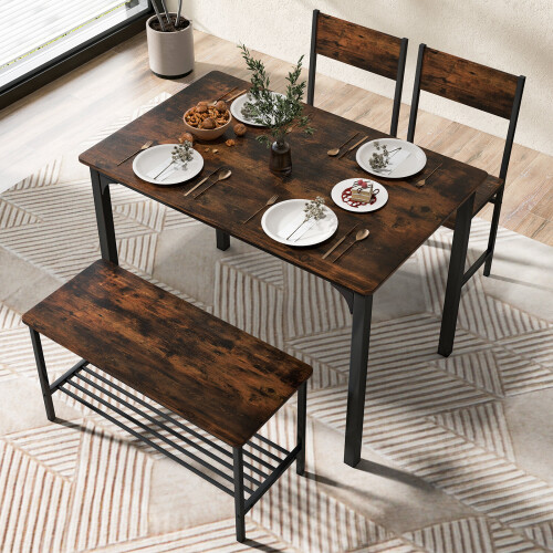 Costway Dining Table & Chair Set 4-Pieces With 2 Chairs 1 Bench & Storage Rack 2