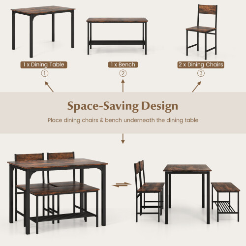 Costway Dining Table & Chair Set 4-Pieces With 2 Chairs 1 Bench & Storage Rack 1
