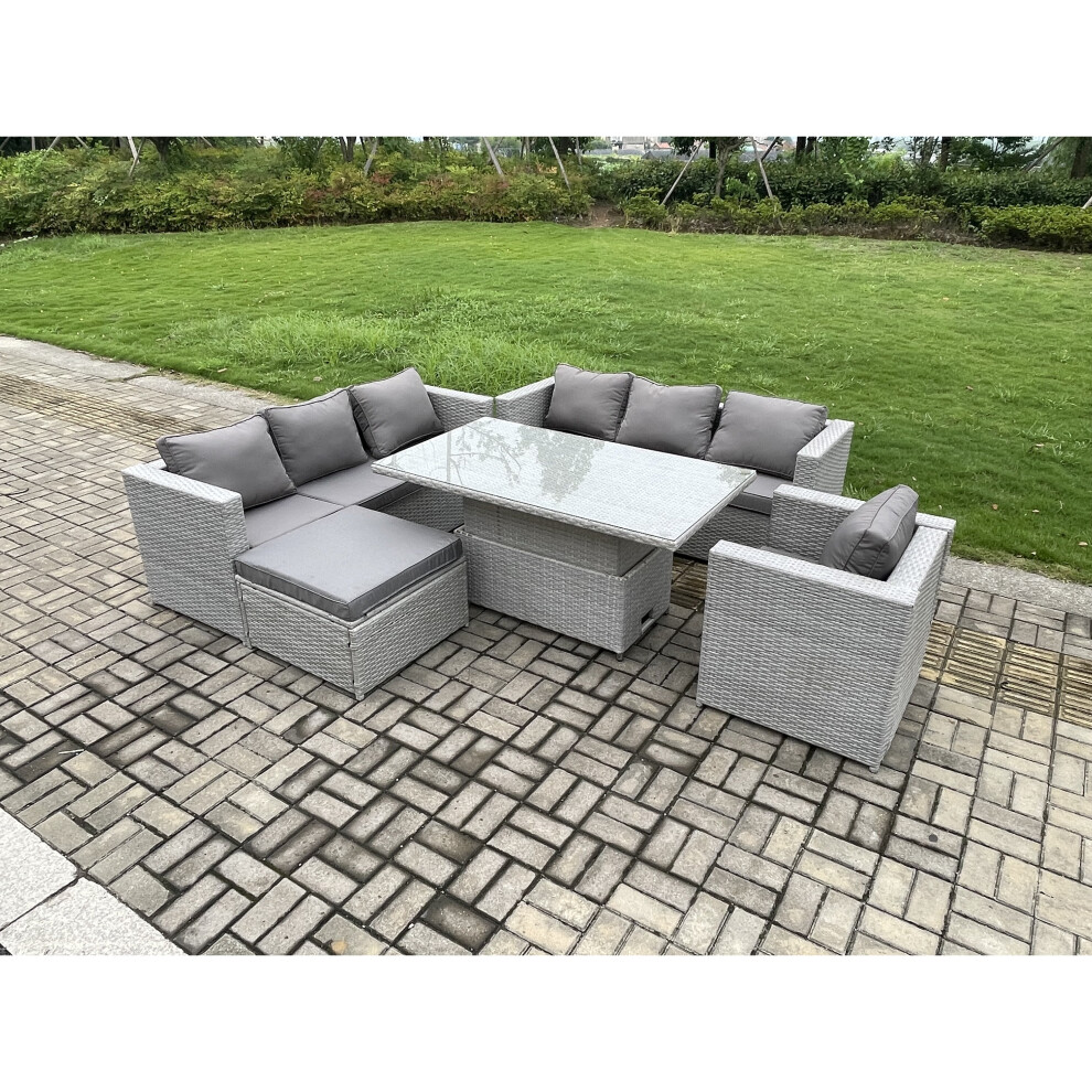 Fimous Outdoor Pe Rattan Garden Funiture Set Height Adjustable Rising Lifting Table Sofa Dining Set With Armchair Grey