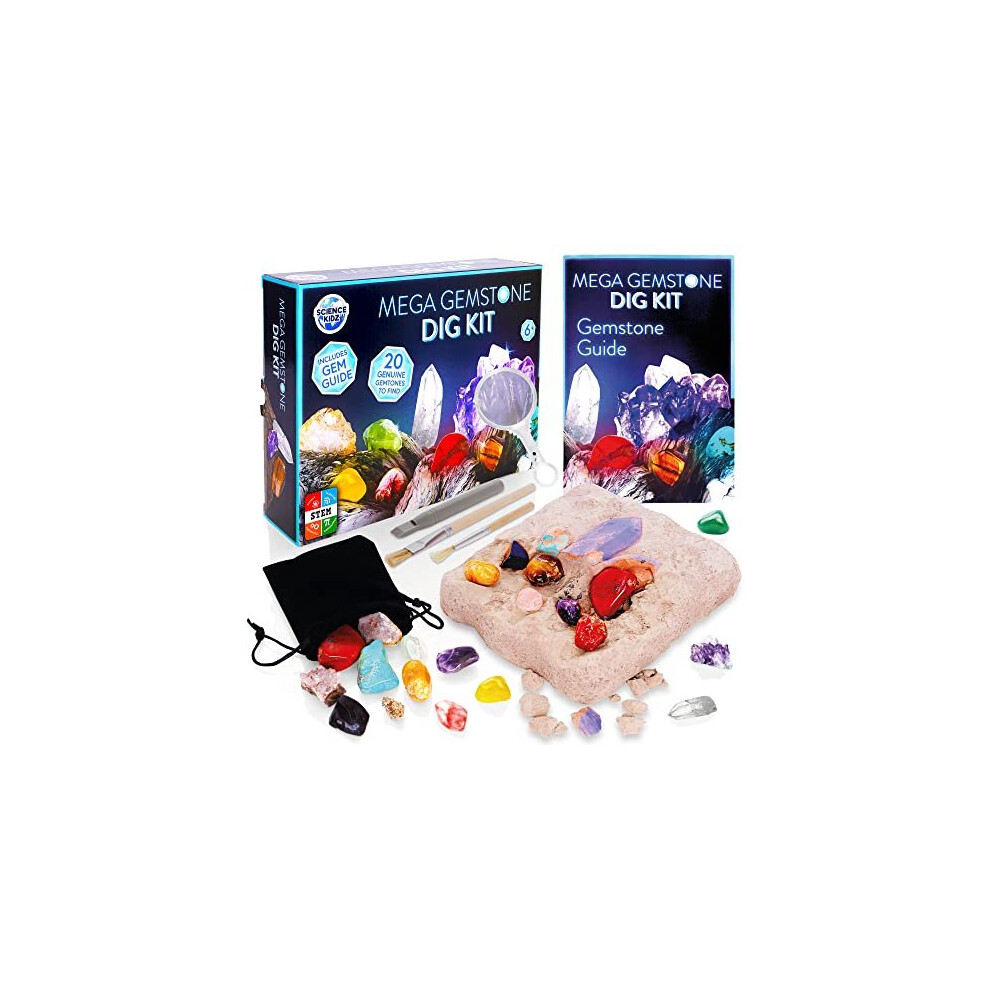 Science Kidz Mega Gemstone Dig Kit - 20 Real Life Gems & Crystals - Gemstones Excavation Kits For Kids - Gem Stones Digging Kit Set - Dig For Gems,