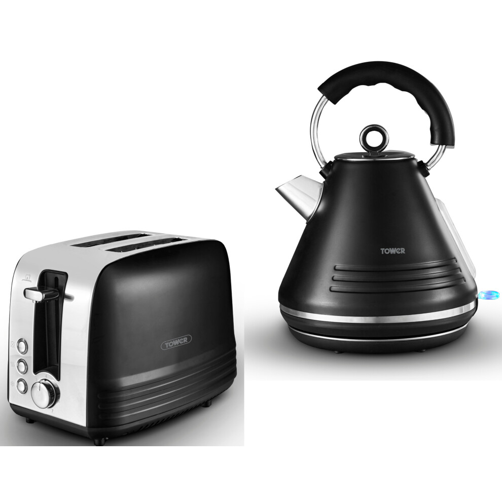 Tower Ash Black 1.7L 3KW Pyramid Kettle & 2 Slice Toaster Set