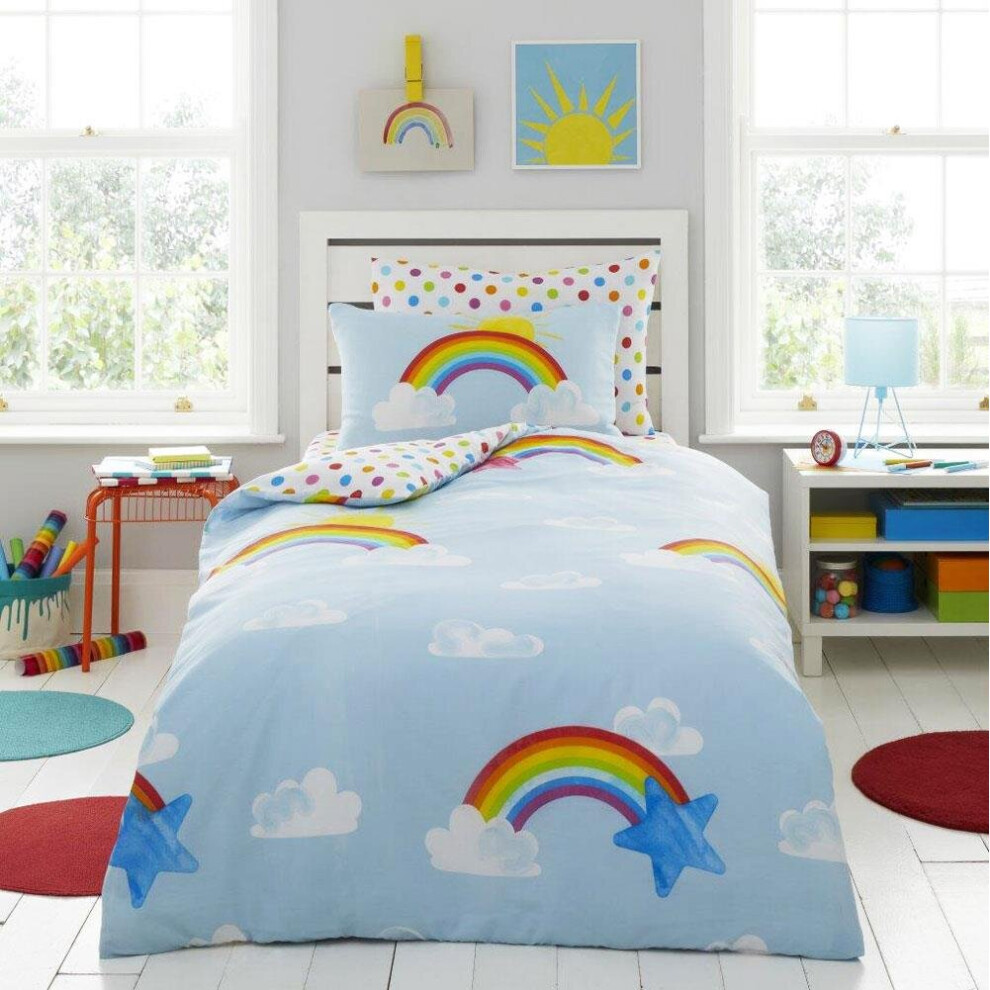 (Single Duvet Set) Girls Duvet Set Pretty Blue Sky Bright Rainbows Quilt Cover Pillow Case Bedding