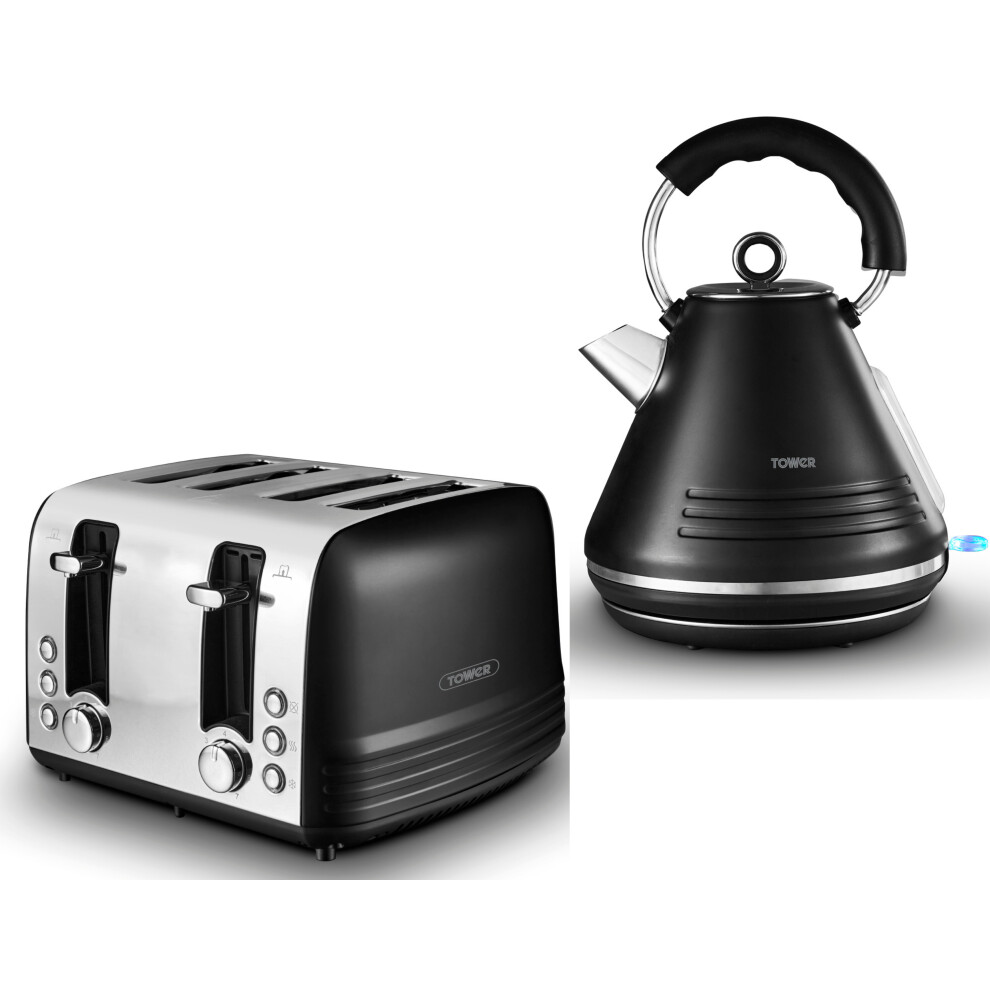 Tower Ash Black 1.7L 3KW Pyramid Kettle & 4 Slice Toaster Set